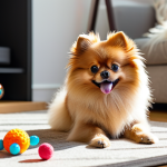 A vibrant, fluffy Pomeranian dog, exhibiting its luxurious double coat, playfully interacting with a colorful chew toy in a sunlit modern living room. The dog is captured in a natural pose, full of energy and curiosity. The scene depicts a family-friendly atmosphere, safe for work, appropriate content, fully clothed. Professional studio lighting, high-resolution photography, perfect anatomy, correct proportions, well-formed, natural body proportions.