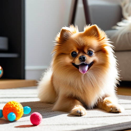 A vibrant, fluffy Pomeranian dog, exhibiting its luxurious double coat, playfully interacting with a colorful chew toy in a sunlit modern living room. The dog is captured in a natural pose, full of energy and curiosity. The scene depicts a family-friendly atmosphere, safe for work, appropriate content, fully clothed. Professional studio lighting, high-resolution photography, perfect anatomy, correct proportions, well-formed, natural body proportions.