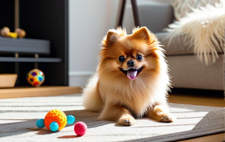 A vibrant, fluffy Pomeranian dog, exhibiting its luxurious double coat, playfully interacting with a colorful chew toy in a sunlit modern living room. The dog is captured in a natural pose, full of energy and curiosity. The scene depicts a family-friendly atmosphere, safe for work, appropriate content, fully clothed. Professional studio lighting, high-resolution photography, perfect anatomy, correct proportions, well-formed, natural body proportions.