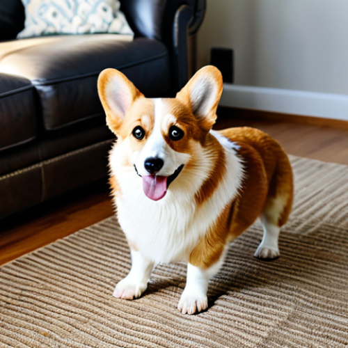 A healthy, adult Pembroke Welsh Corgi, with a joyful, alert expression, safely walking on a large, textured non-slip rug in a sunlit living room. The Corgi's natural Corgi physique and correct proportions are clearly visible. In the background, there is a small, low-gradient pet ramp leading to a comfortable, modest sofa, and an orthopedic dog bed is placed in a cozy corner. The overall atmosphere is serene and safe. Professional pet photography, high detail, sharp focus, natural colors, studio lighting. safe for work, appropriate content, fully clothed, professional, perfect anatomy, well-formed paws, natural body proportions.