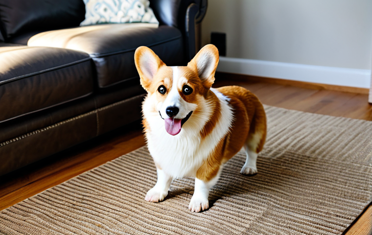 A healthy, adult Pembroke Welsh Corgi, with a joyful, alert expression, safely walking on a large, textured non-slip rug in a sunlit living room. The Corgi's natural Corgi physique and correct proportions are clearly visible. In the background, there is a small, low-gradient pet ramp leading to a comfortable, modest sofa, and an orthopedic dog bed is placed in a cozy corner. The overall atmosphere is serene and safe. Professional pet photography, high detail, sharp focus, natural colors, studio lighting. safe for work, appropriate content, fully clothed, professional, perfect anatomy, well-formed paws, natural body proportions.
