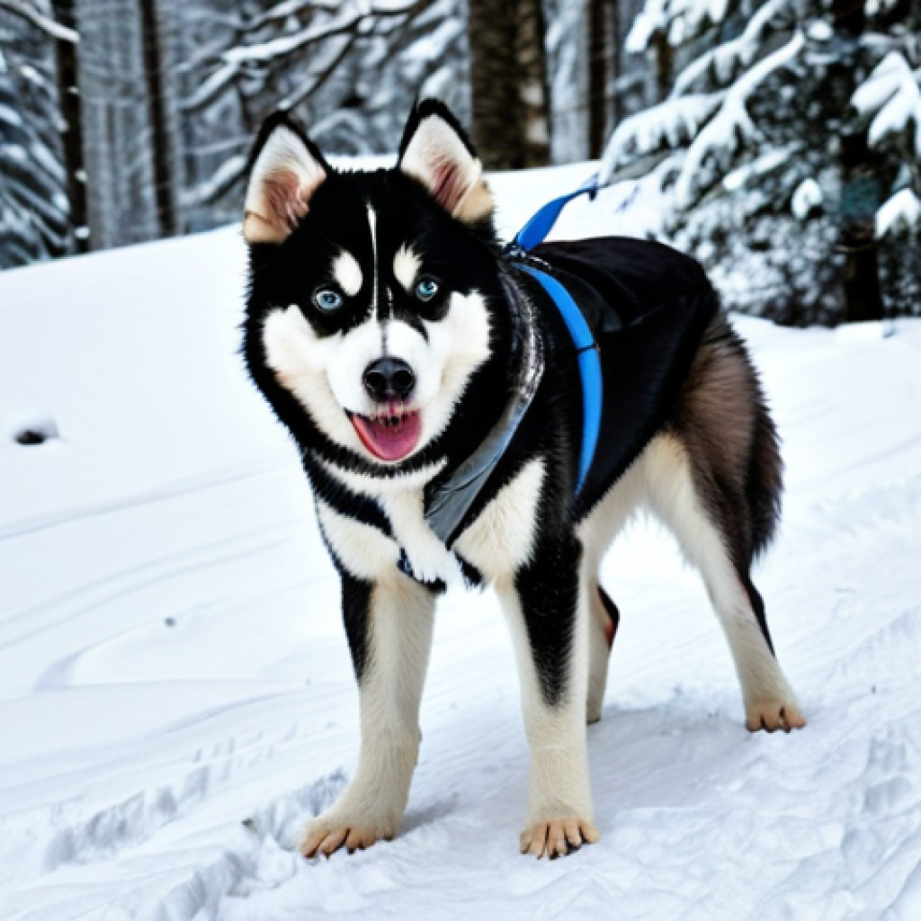 Husky in Winter Landscape**
A fully clothed Husky Sibérien, thick double coat visible, standing in a snowy forest in the French Alps, safe for work, appropriate content, professional photography, perfect anatomy, correct proportions, natural pose, well-formed hands (paws), proper finger (toe) count, family-friendly, professional dress, modest, detailed fur texture. The dog is panting slightly. Soft, diffused light. The scene emphasizes the dog's resilience.
**