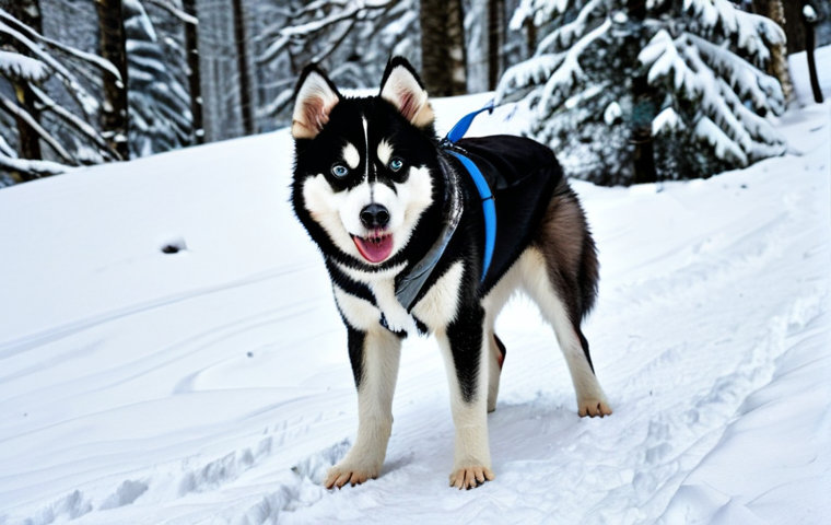 Husky in Winter Landscape**

A fully clothed Husky Sib&eacute;rien, thick double coat visible, standing in a snowy forest in the French Alps, safe for work, appropriate content, professional photography, perfect anatomy, correct proportions, natural pose, well-formed hands (paws), proper finger (toe) count, family-friendly, professional dress, modest, detailed fur texture. The dog is panting slightly. Soft, diffused light. The scene emphasizes the dog's resilience.

**