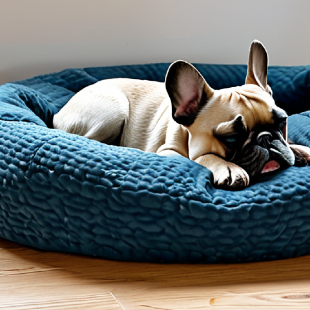 Cozy French Bulldog Sleeping Environment**

A cute French Bulldog, fully clothed, sleeping soundly in an orthopedic dog bed with raised edges. The bed is placed in a cool, dimly lit room with a soft blanket. The scene is peaceful and calming. Safe for work, appropriate content, modest, family-friendly, perfect anatomy, correct proportions, natural pose, well-formed paws, proper toe count, natural body proportions, professional photography, high quality.

**