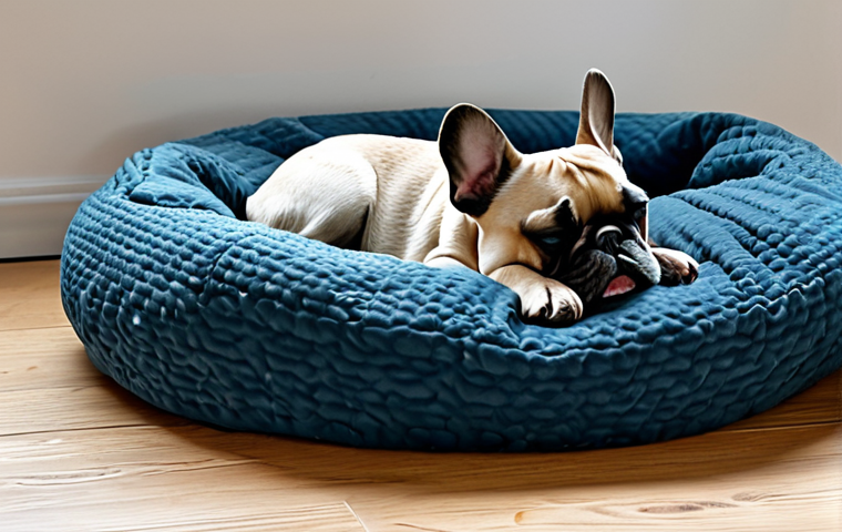 Cozy French Bulldog Sleeping Environment**

A cute French Bulldog, fully clothed, sleeping soundly in an orthopedic dog bed with raised edges. The bed is placed in a cool, dimly lit room with a soft blanket. The scene is peaceful and calming. Safe for work, appropriate content, modest, family-friendly, perfect anatomy, correct proportions, natural pose, well-formed paws, proper toe count, natural body proportions, professional photography, high quality.

**