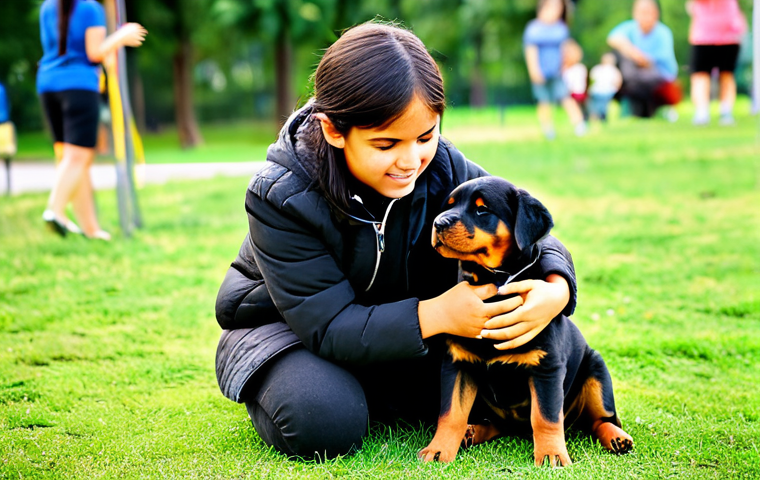 Rottweiler Puppy Socialization**

"A fully clothed young girl gently petting a Rottweiler puppy at an outdoor park, surrounded by other dogs and people in the background, all fully clothed. The puppy appears calm and friendly. Bright daylight, green grass, safe for work, appropriate content, family-friendly, professional photography, perfect anatomy, natural proportions, well-formed hands, proper finger count, natural body proportions."

**