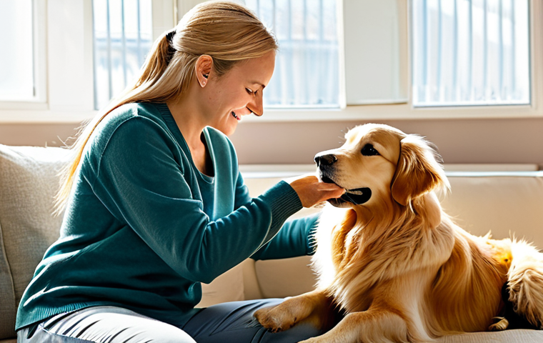 Dog Grooming Session**

"A golden retriever being gently brushed by its owner in a bright, sunlit living room. The owner is wearing casual, comfortable clothing. Dog brush is a high-quality, professional-looking grooming tool. A small pile of collected dog fur is visible. The dog appears relaxed and content. safe for work, appropriate content, fully clothed, professional, family-friendly, perfect anatomy, correct proportions, natural pose, well-formed hands, proper finger count, natural body proportions, high quality"

**