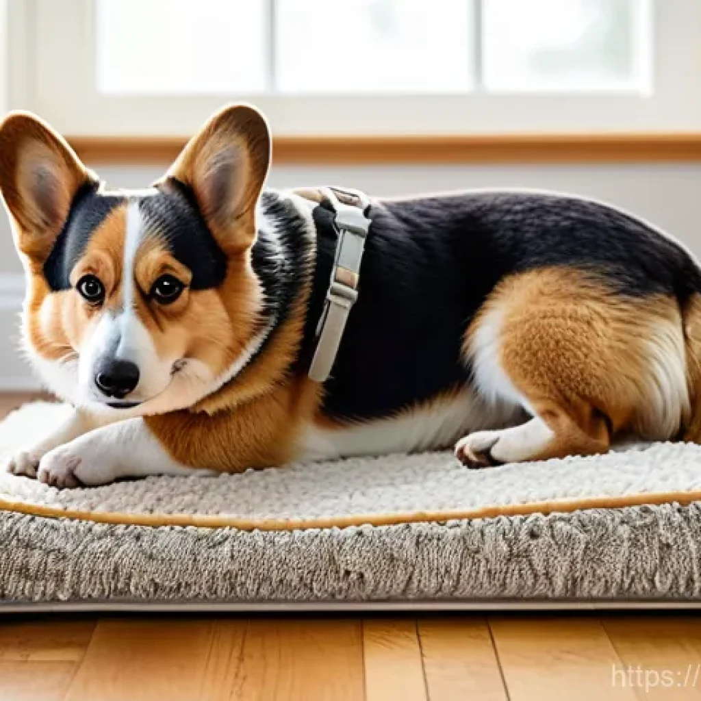 웰시코기 허리 보호법 - **Prompt:** A happy and healthy Corgi confidently using a wide, low-incline ramp to ascend onto a pl...