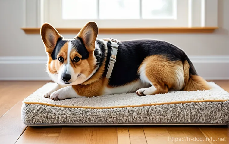 웰시코기 허리 보호법 - **Prompt:** A happy and healthy Corgi confidently using a wide, low-incline ramp to ascend onto a pl...