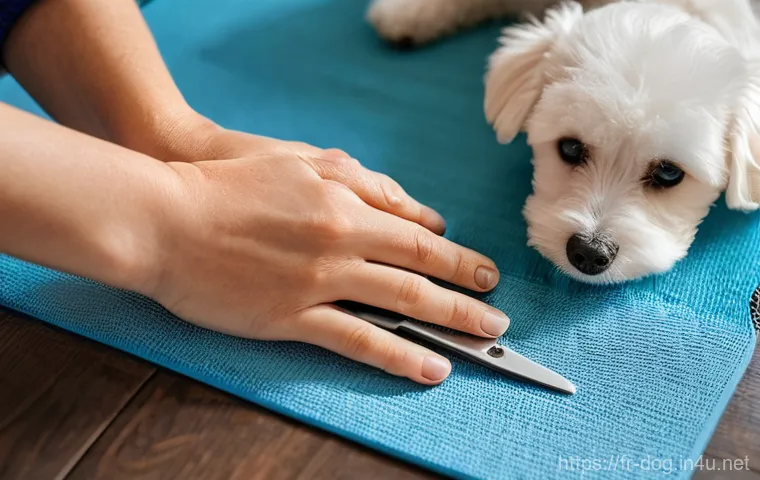 강아지 발톱 깎는 방법 - **Prompt:** A heartwarming scene of a caring owner gently handling their dog's paw for a nail care s...