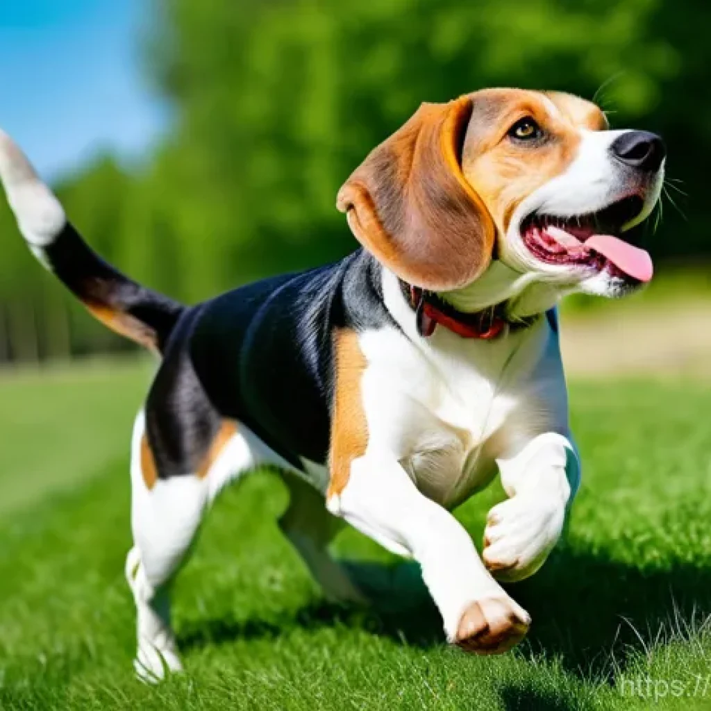 비글과 바셋 하운드의 차이 - An energetic and joyful Beagle, with a tri-color coat (black, white, and tan), caught mid-pounce dur...