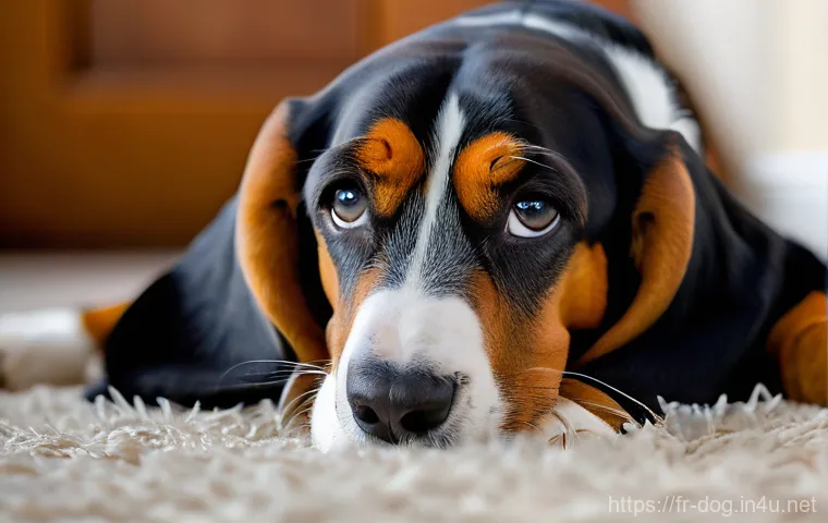 비글과 바셋 하운드의 차이 - An energetic and joyful Beagle, with a tri-color coat (black, white, and tan), caught mid-pounce dur...