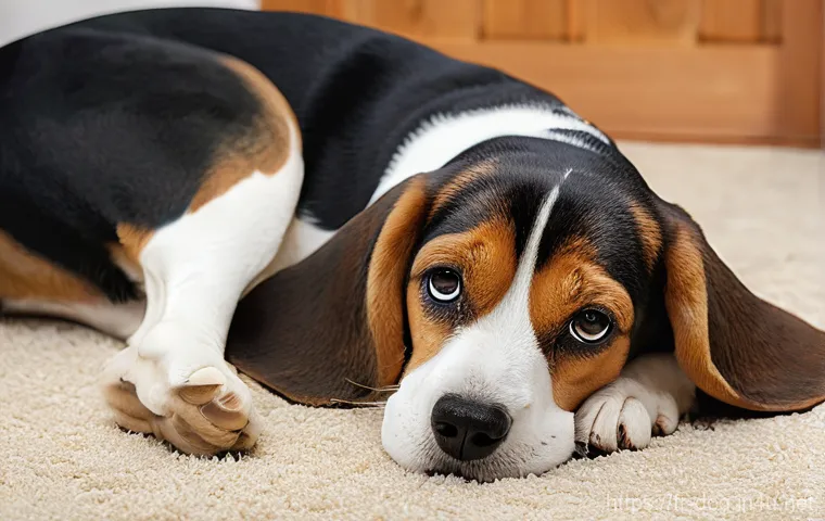 비글과 바셋 하운드의 차이 - A calm and affectionate Basset Hound, with its distinctive long, droopy ears almost touching the gro...
