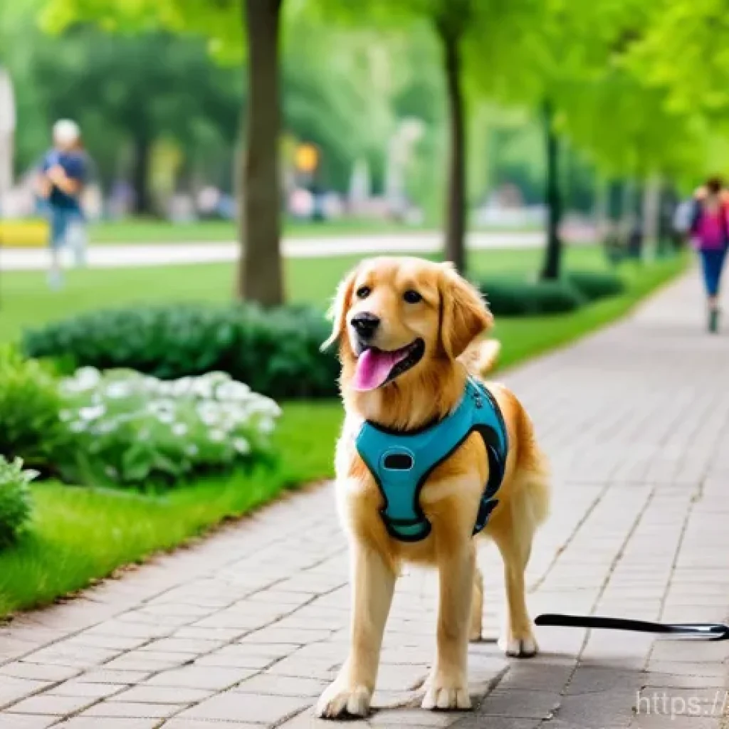 강아지 산책 가이드 - **Urban Park Adventure with Smart Gear**
    A cheerful, medium-sized dog, possibly a Golden Retriev...