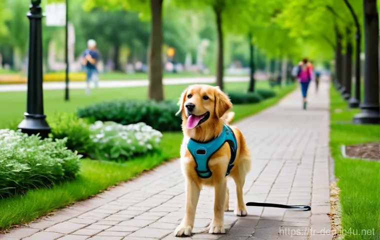 강아지 산책 가이드 - **Urban Park Adventure with Smart Gear**
    A cheerful, medium-sized dog, possibly a Golden Retriev...