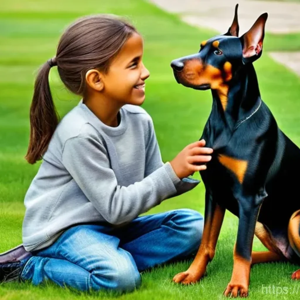 도베르만 훈련 난이도 - **Prompt 1: Gentle Giant with a Child**
A highly detailed, realistic, and heartwarming image of ...