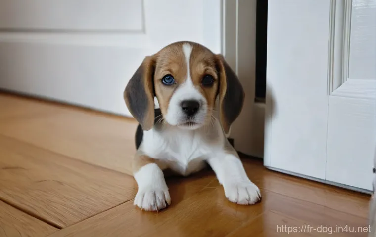강아지 배변 훈련 - **Observing Puppy's Potty Signals:**
"A heartwarming scene featuring a young, adorable Beagle pu...