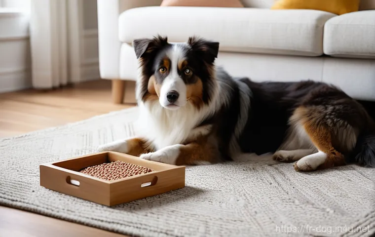 강아지 행동 문제 해결 - **Prompt:** A tranquil Australian Shepherd dog, approximately 2-3 years old, with soft brown and whi...