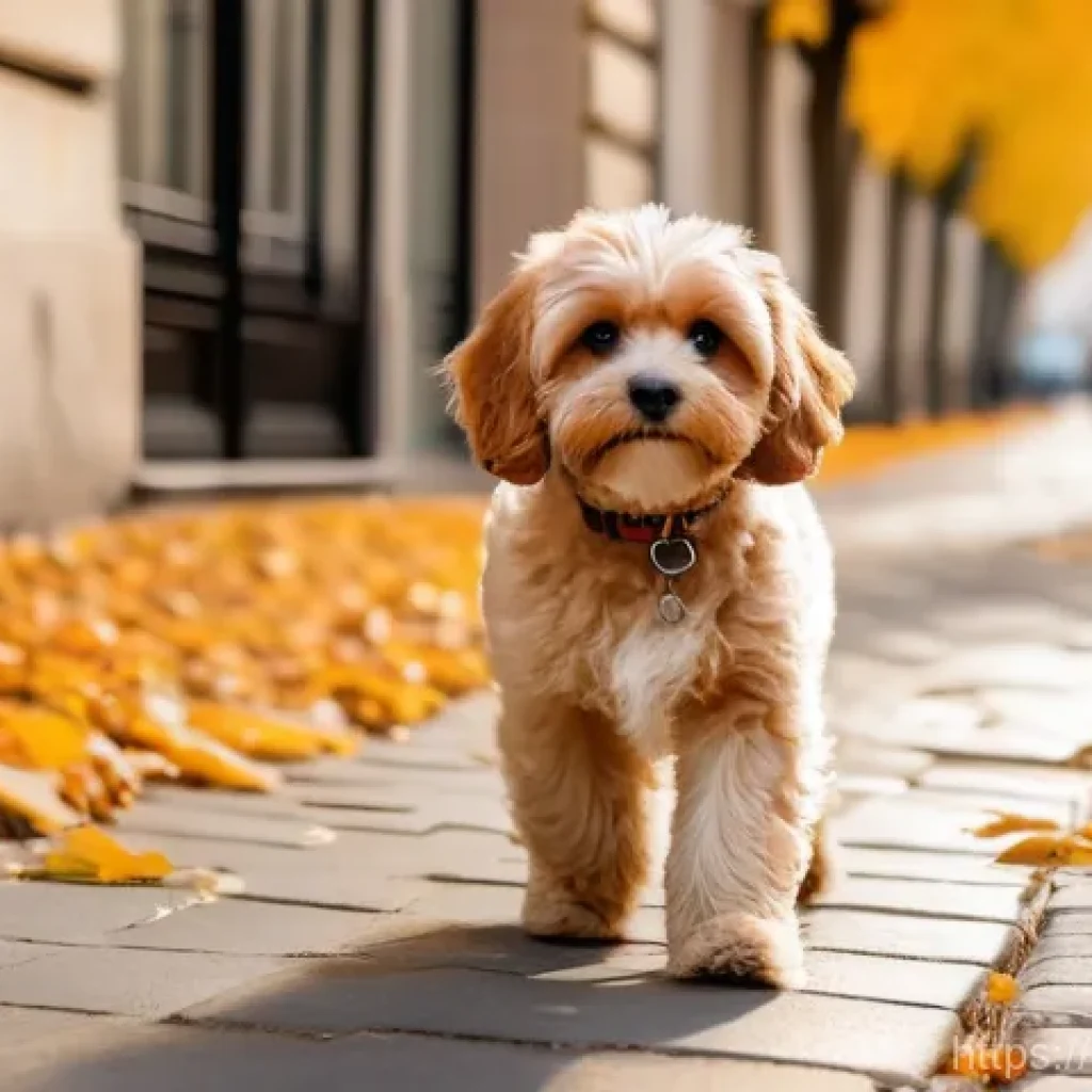 푸들 하이브리드 종류 - A charming Cavapoo, a small dog with a soft, wavy apricot-colored coat and bright, intelligent eyes,...