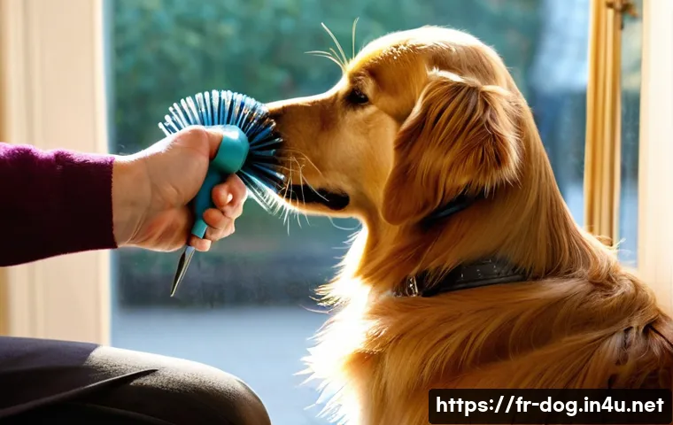 강아지 미용 도구 추천 - **A Golden Retriever's Luxurious Grooming Session:** A majestic Golden Retriever, with a shimmering,...