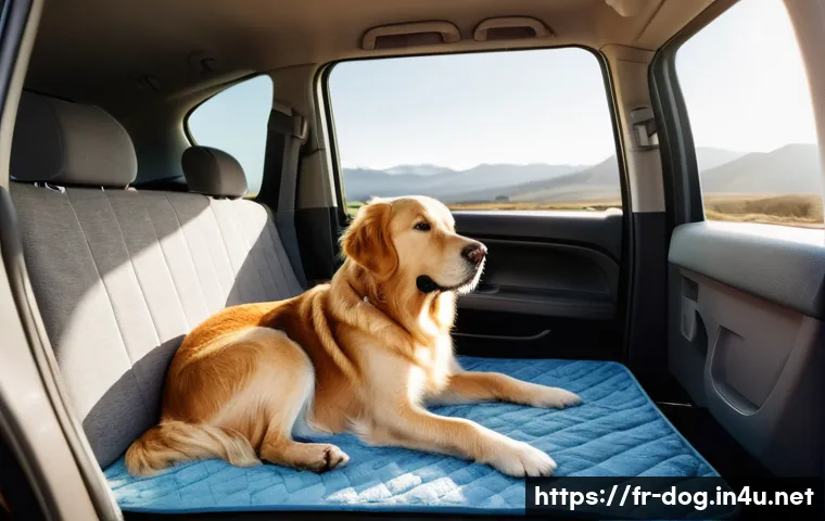 강아지와 함께하는 차박 - **Prompt:** "A heartwarming interior view of a car prepared for a car camping adventure. The back se...