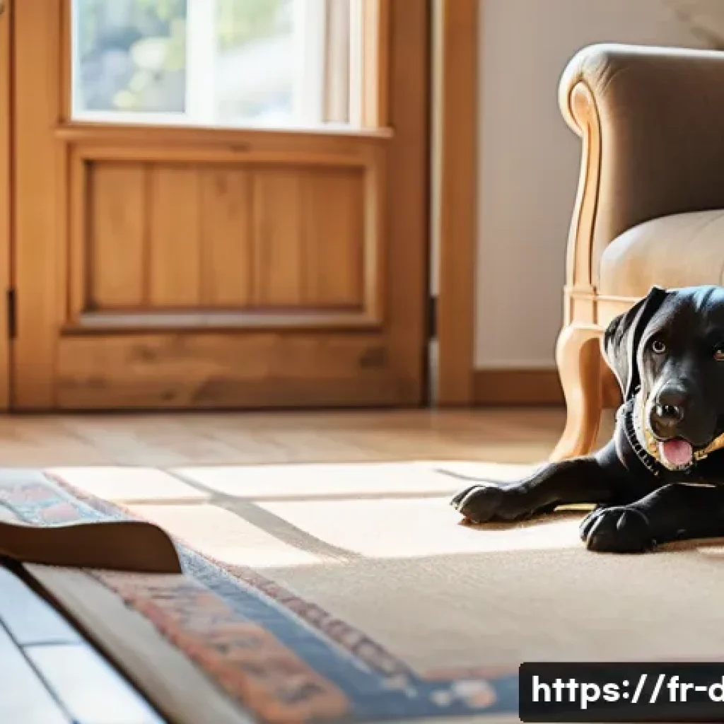 강아지와 함께 즐기는 활동 - A cheerful Labrador retriever playing an indoor hide-and-seek game with its owner, searching for a h...