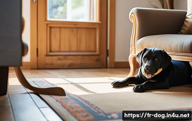 강아지와 함께 즐기는 활동 - A cheerful Labrador retriever playing an indoor hide-and-seek game with its owner, searching for a h...