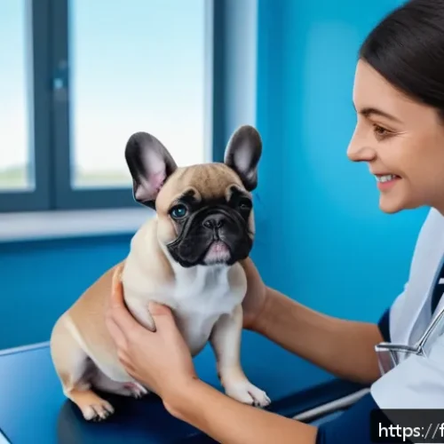 Home 33 강아지 예방접종 일정 - A friendly French veterinarian gently vaccinating a young French Bulldog puppy wearing a cute diaper...