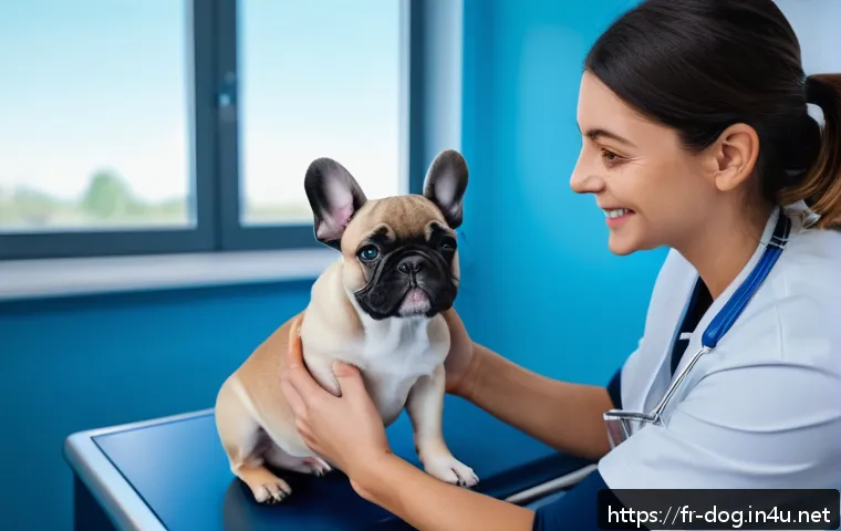 강아지 예방접종 일정 - A friendly French veterinarian gently vaccinating a young French Bulldog puppy wearing a cute diaper...