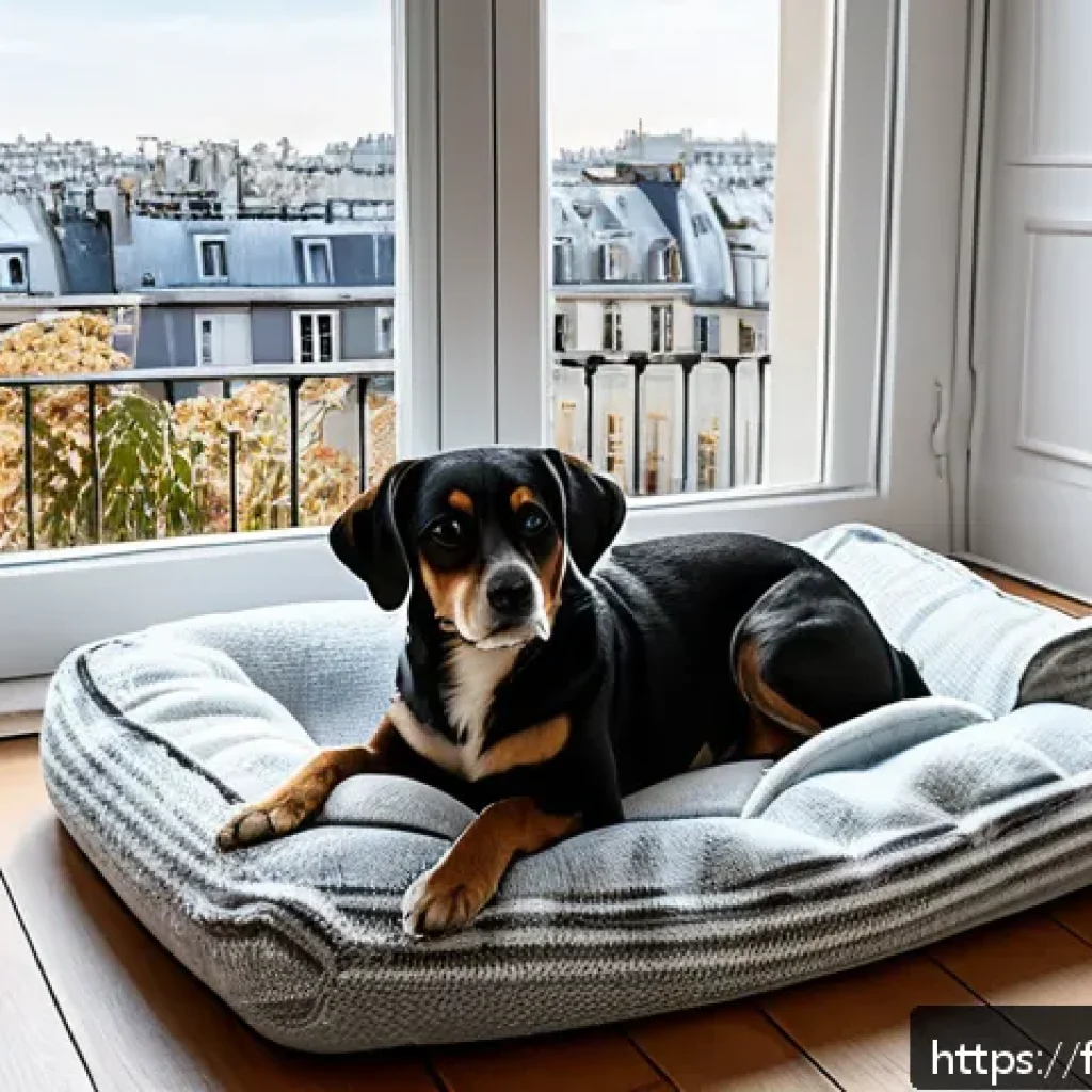 강아지 분양 시 주의점 - A cozy and calm indoor corner designed for a newly adopted dog in a French apartment: soft cushioned...