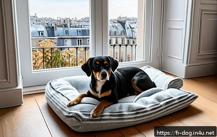 강아지 분양 시 주의점 - A cozy and calm indoor corner designed for a newly adopted dog in a French apartment: soft cushioned...