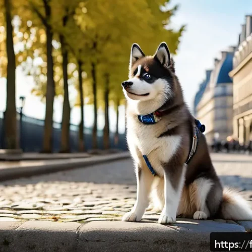 Home 31 포메라니안과 푸들 믹스 - A charming Pomsky dog standing gracefully in a sunlit urban park in Paris, showcasing its compact an...