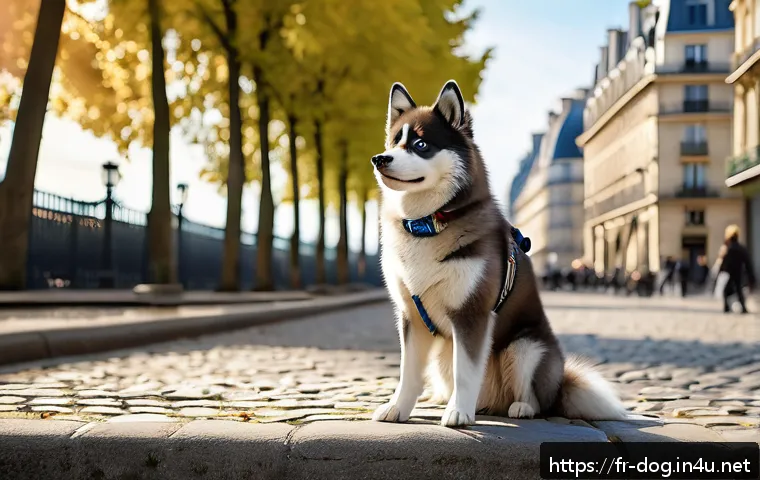 포메라니안과 푸들 믹스 - A charming Pomsky dog standing gracefully in a sunlit urban park in Paris, showcasing its compact an...