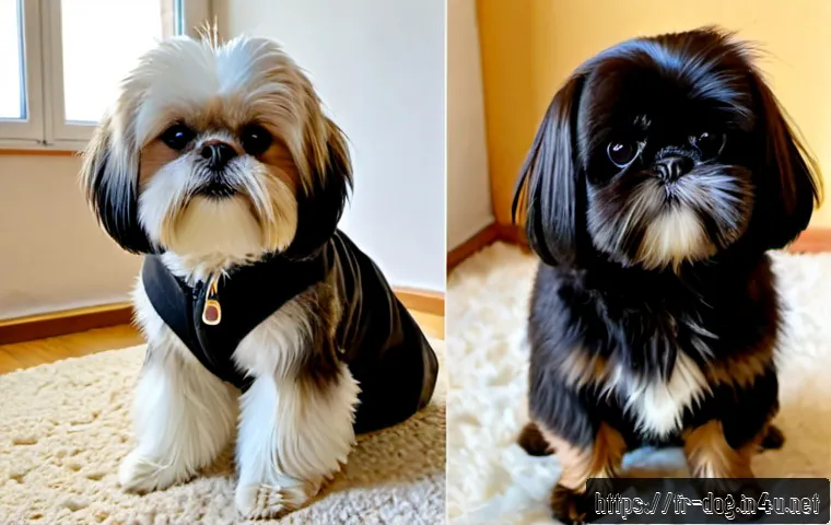 라사압소와 시추의 차이 - Photorealistic side-by-side comparison of a Lhasa Apso and a Shih Tzu sitting calmly on a cream rug ...