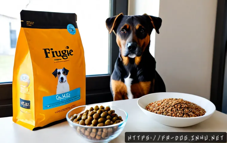 강아지 사료 선택법 - Photorealistic French home kitchen, a caring adult comparing two unbranded dog food bags beside clea...
